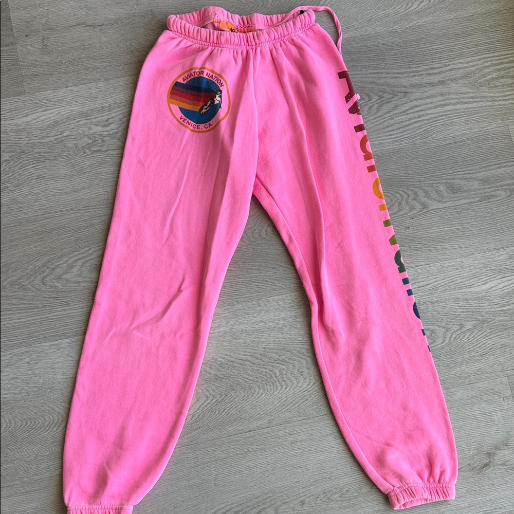Aviator Nation Pink sweatpants with Rainbow Logo